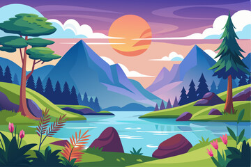 Tranquil Sunset Landscape with Mountains, a River, and Lush Greenery