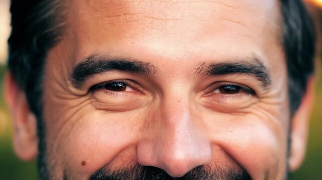 Close up portrait of a smiling man with brown eyes and dark hair, exuding happiness and confidence. Captures the essence of masculinity and aging gracefully