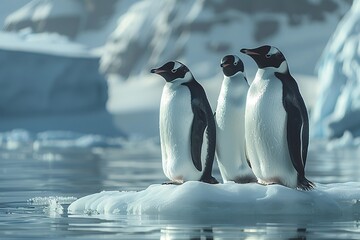 Obraz premium Three penguins standing on a block of ice