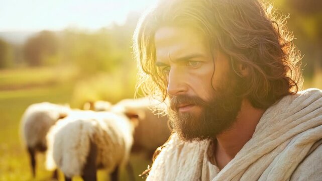  Jesus sitting among hoard of sheep in pastoral landscape with sunlight