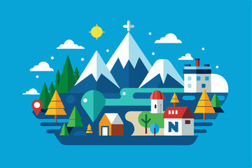 Geometric Mountain Landscape with Houses and Trees