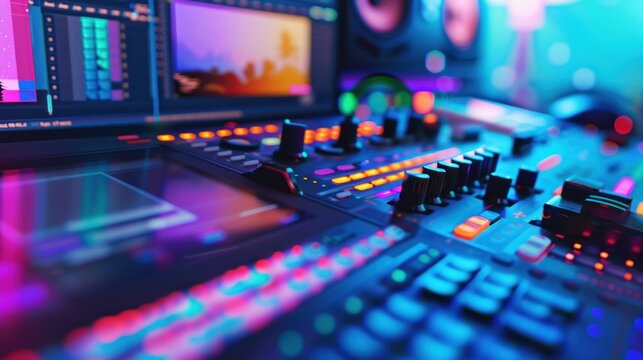 Close-up of a Music Production Mixer with Colorful Lights