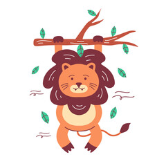 cartoon lion hanging on tree trunk illustration.flat design cute animal asking for help.good for children's t-shirts,stickers,drawing books and others