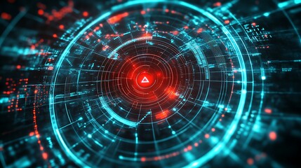 Obraz premium Abstract digital interface with red and blue glowing lights and a triangle in the center.
