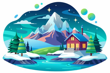 Nighttime View of a Cozy Cabin Nestled in a Snowy Mountain Valley