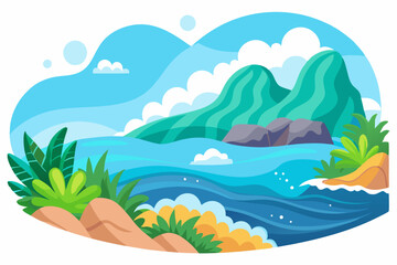 A tropical island scene with mountains, ocean, and green foliage