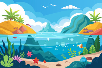 Tropical Island Seascape with Palm Trees and Underwater View