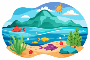 Underwater Scene with Colorful Fish and Sunny Beach