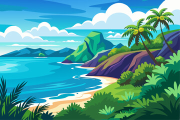 Tropical Island Beach Scene with Palm Trees and Mountain Range