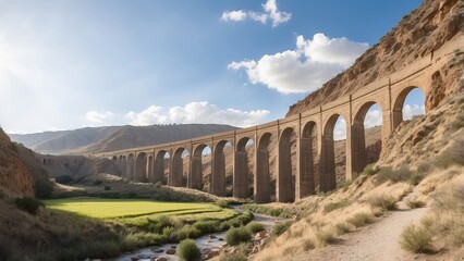 Obraz premium Ancient aqueduct crossing a dry valley, a testament to engineering from a bygone era.