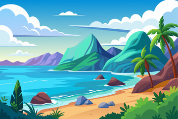 Obraz premium Tropical Beach with Palm Trees and Mountains