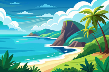 Tropical Beach Landscape with Palm Trees and Cliff