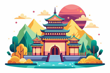 Obraz premium A Pagoda Temple Surrounded by Lush Greenery and a Setting Sun
