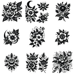 Flower tattoo silhouette stock illustration Bundle, in silhouette, tattoo lover vector graphic design, Flower tattoo face vector, Flower tattoo silhouette