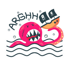 Fototapeta premium Flat cartoon giant octopus is going to eat pirate ship. Abstract illustration of ocean monster. Nice design for kids