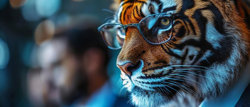 business team of Tiger as a financial analyst, pastel trading floor background, fierce and focused business mind with text copy space
