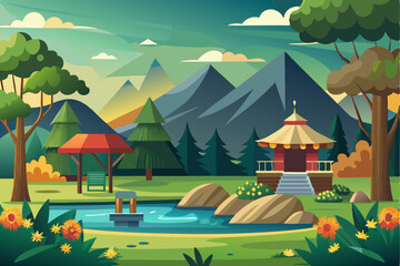 Fototapeta premium Scenic Mountain Valley with Pagoda and Pond