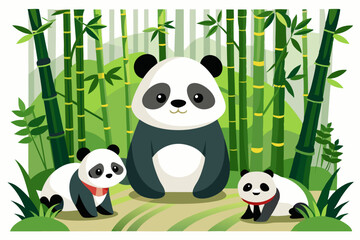 Three Pandas Standing in a Lush Bamboo Forest