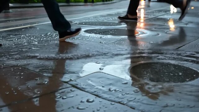 Rain falling on city sidewalk creating puddles as pedestrians are walking by