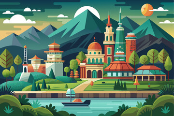 A Picturesque Town Nestled Among Mountains with a Boat on a River