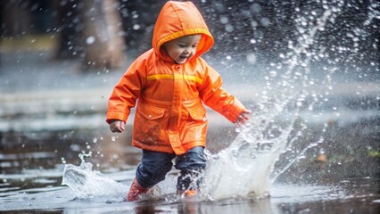 Fototapeta premium A young child in an orange raincoat splashing in puddles on a rainy day, with drops of water frozen in motion by the camera.