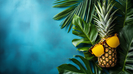 Obraz premium Image of palm leaves, pineapple and sunglasses arranged on a bright blue background.