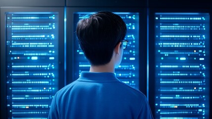 IT professional monitoring data servers in server room