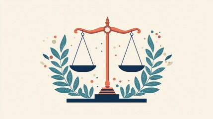 A balanced scale symbolizing justice and fairness, surrounded by decorative leaves and dots, conveying sense of harmony and order. 