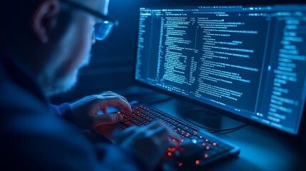 Programmer typing code on computer in dark