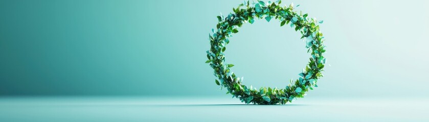 A fresh green wreath showcasing lush foliage, symbolizing nature's beauty and serenity against a calming backdrop.