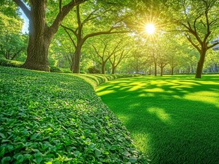 Obraz premium Sun-Drenched Serenity Low-Angle View of Lush Green Grass and Trees with Sunbeams Filtering Through Canopy