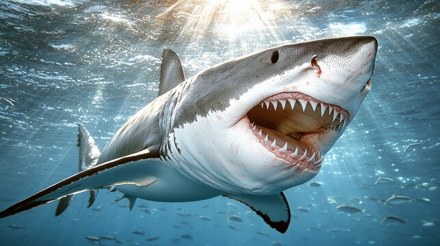Sunbeams Illuminate a Great White Shark's Open Jaws, Undershot Perspective with Blurry Fish in the Background