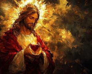 The Divine Heart A Close-Up Portrait of Jesus Holding a Red Heart, Bathed in Golden Light, with a Dramatic Composition and Brushstroke Detail