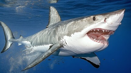 Fototapeta premium Underwater Perspective A Great White Shark's Open Mouth Reveals Razor-Sharp Teeth Against a Deep Blue Background, Surrounded by Tiny Fish