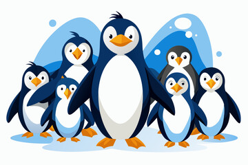 Naklejka premium A group of cartoon penguins standing together on ice