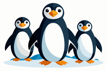 Fototapeta premium Three Penguins Standing on Ice with White Background