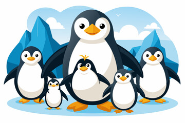 Naklejka premium A Group of Five Cartoon Penguins Standing on Ice