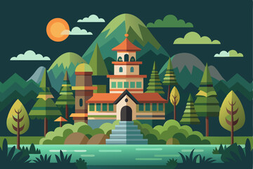 Fototapeta premium Flat Design Illustration of a House by a River and Mountain