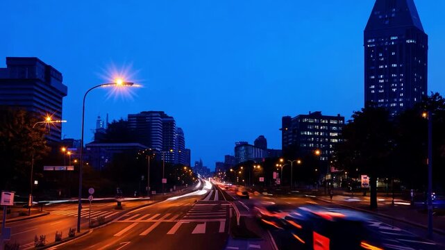 Streetlights are getting brighter while cars are driving through the city at twilight