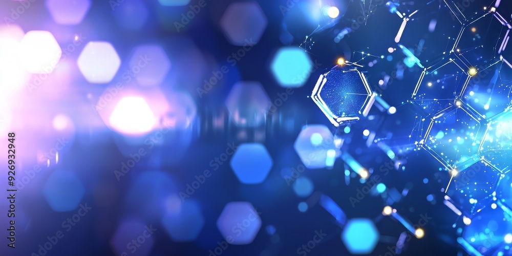 Wall mural a dark blue abstract technology background with geometric shapes and bokeh blur.