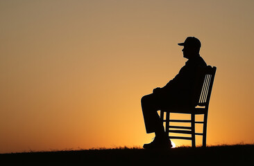 a boy is sitting in a chair with the sun setting behind him