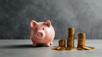 Piggy bank and bag with money and gold coins. The concept of a good investment or a good savings.