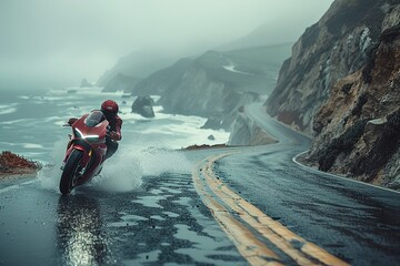 A man is riding a motorcycle on a wet road