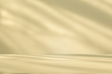 Obraz premium Wall interior background, studio and backdrops show products. with leaf shadow from window color beige and white. background for text insertion and presentation of product