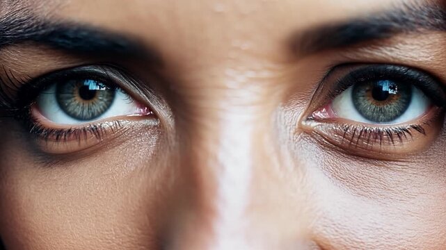 Beautiful woman slightly squinting her green eyes