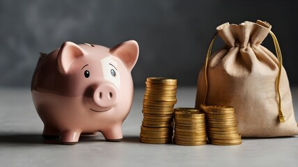 Piggy bank and bag with money and gold coins. The concept of a good investment or a good savings.