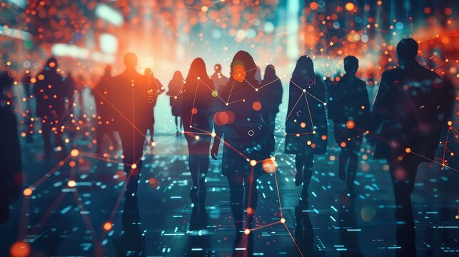 Silhouettes of people walking in a city street at night with a network of glowing lines connecting them.