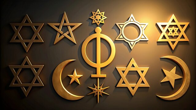 Various religious symbols such as crosses, stars of David, crescent moons, and om symbols , religion, faith