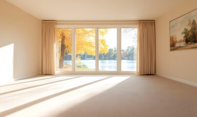 An empty room with floor-to-ceiling windows overlooking the lake and fall trees outside, Generative AI