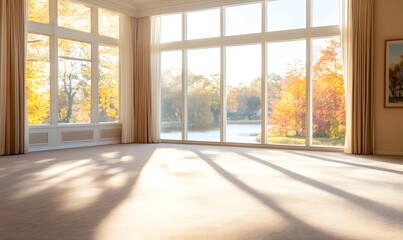 An empty room with floor-to-ceiling windows overlooking the lake and fall trees outside, Generative AI